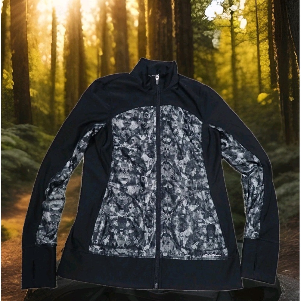 Eddie Bauer Motion Jacket Womens Small Black Gray Excellent Thumbhole Full Zip